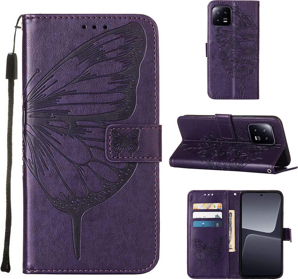 Lederhülle für Xiaomi 13 Schmetterling Prägung Flip Ledertasche Kartenfächer Handyhülle mit Ständer Lila