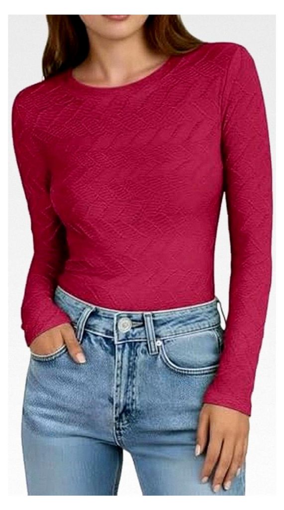 Langarmshirt Damen mit Wellenmuster, Slim Fit, einfarbig, Stretch, Longsleeve, vielseitig einsetzbar