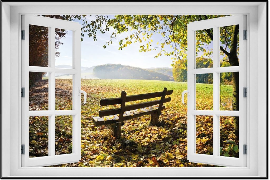 Wallario Wandbild mit Fenster-Illusion: Idyllische Holzbank in den Bergen, Größe: 61 x 91,5 cm, Poster mit schwarzem Aluminiumrahmen