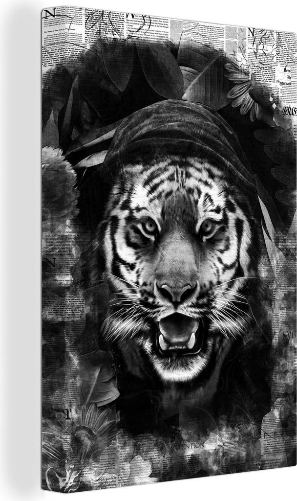 OneMillionCanvasses - Leinwandbilder - 90x140 cm, Tiger mit einer Kapuze auf einem Hintergrund von Zeitungen - schwarz und weiß, Wandbilder Kuns...