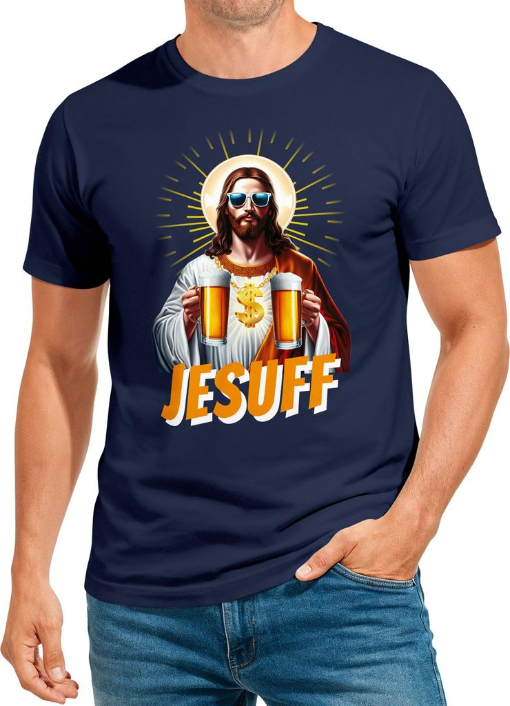 Herren T-Shirt Bier Jesus Partyshirt Alkohol Fasching Karneval Outfit Männer Funshirt Moonworks