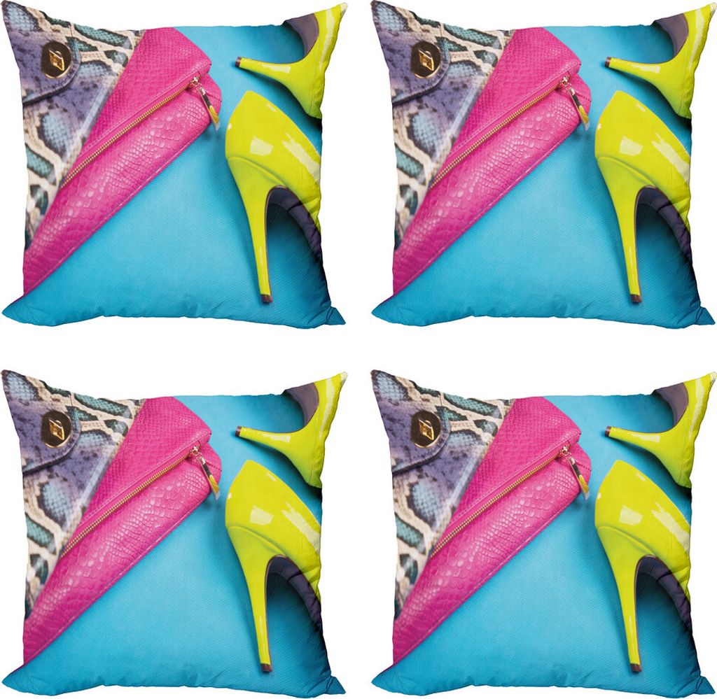 ABAKUHAUS High Heels Kissenbezug Set (4 Stück), Schuhe und Clutches Drucken, Moderner Doppelseitiger Digitaldruck, 45 cm x 45 cm, Mehrfarbig