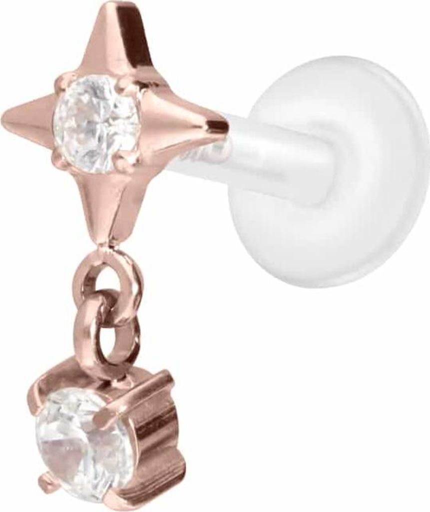 Ohrpiercing, Nasenpiercing PTFE Labret mit Innengewinde + Titan-Aufsatz STERN + KRISTALL RoséGold Stablänge: 5mm | Stabstärke: 1,2mm