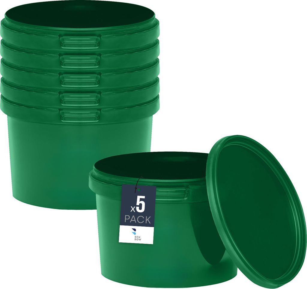BenBow Eimer mit Deckel 0,5L x5 Grün - lebensmittelecht, stabil, luftdicht, auslaufsicher, geruchsneutral - Plastikeimer mit Henkel - leer