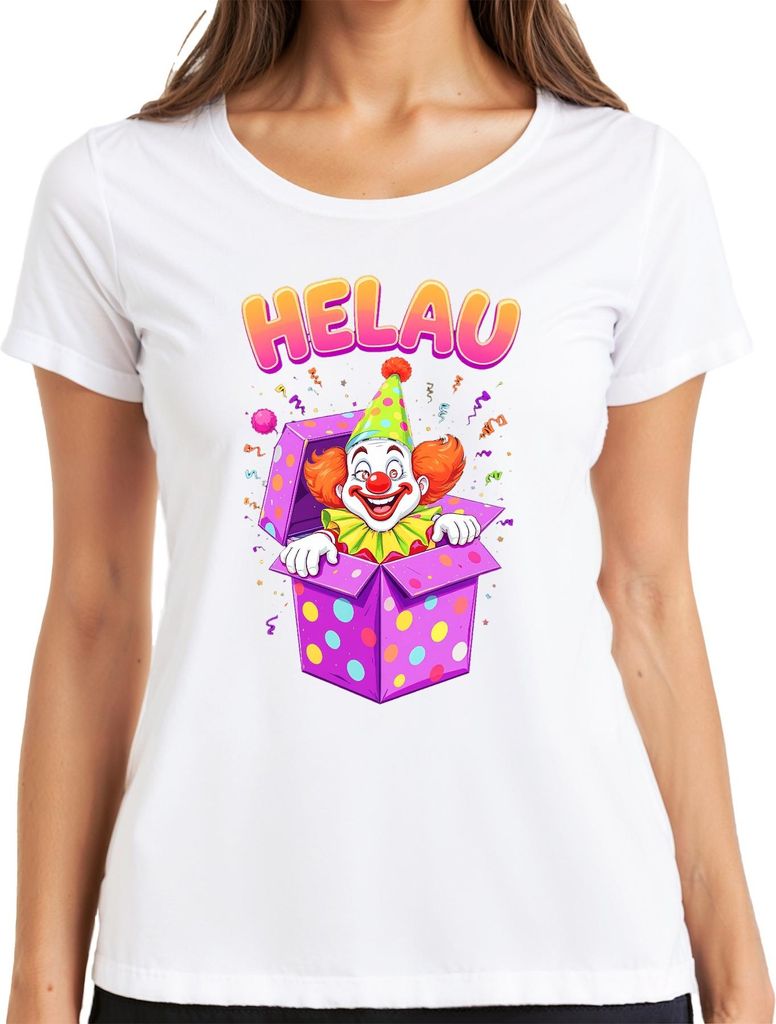 HELAU Karneval Clown Konfetti Geschenkbox rote Nase lustig Damen T-Shirt, Weiß, XL