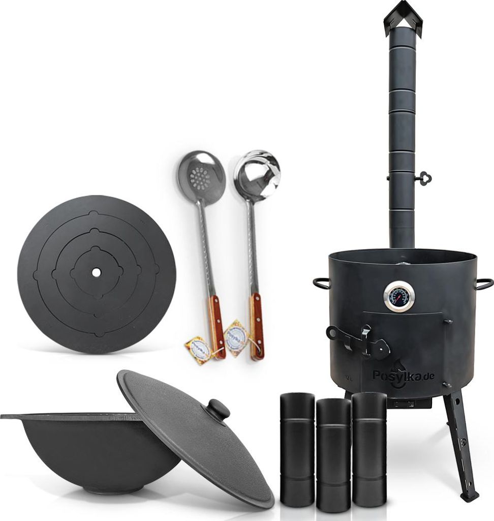 Feuerofen 40cm Utschak Uchag mit Usbekische Kazan 12 L, Herdplatte, Schaumlöffel