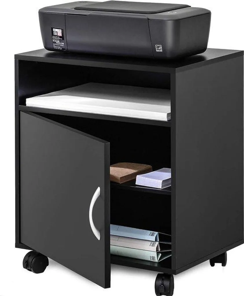 Support imprimante noir mobile 3 compartiments pour télétravail bureau