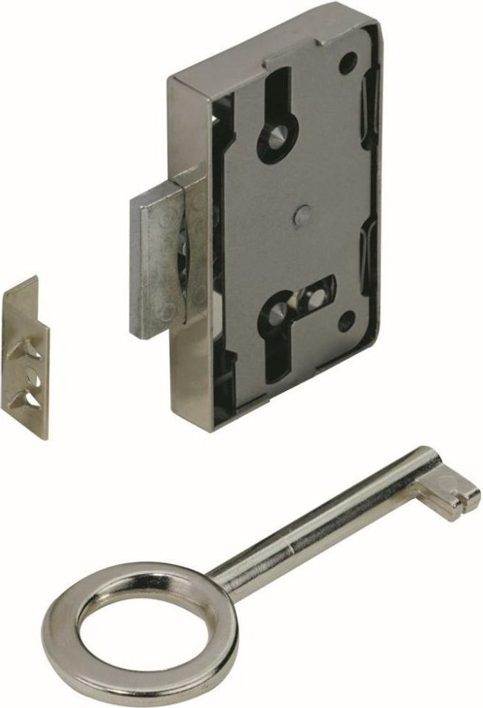 A lock mechanism and a key are shown against a white background.