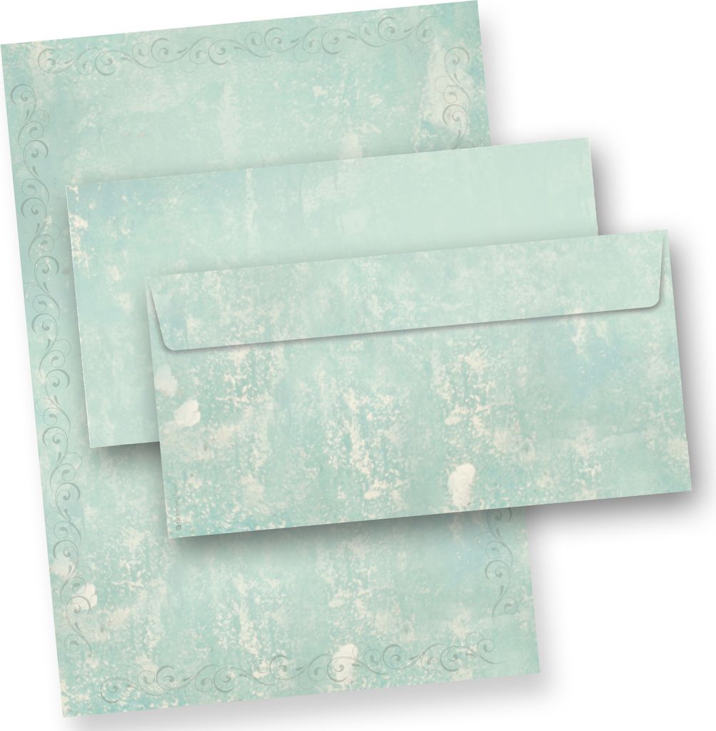 Briefpapier Set Türkis Grün marmoriert (25 Sets) Vintage A4 297 x 210 mm 90 g/qm mit Umschläge