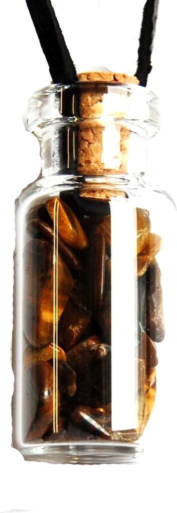 Anhänger, Fläschchen mit kleinen Edelsteinen gefüllt, Tigerauge