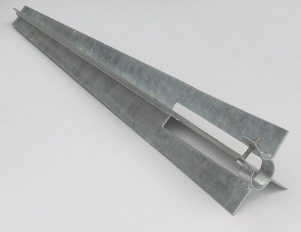 A galvanized metal ground sleeve for fence posts, shown on a white background.