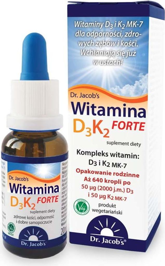 A bottle of Dr. Jacob's Vitamin D3 + K2 FORTE drops next to its packaging.