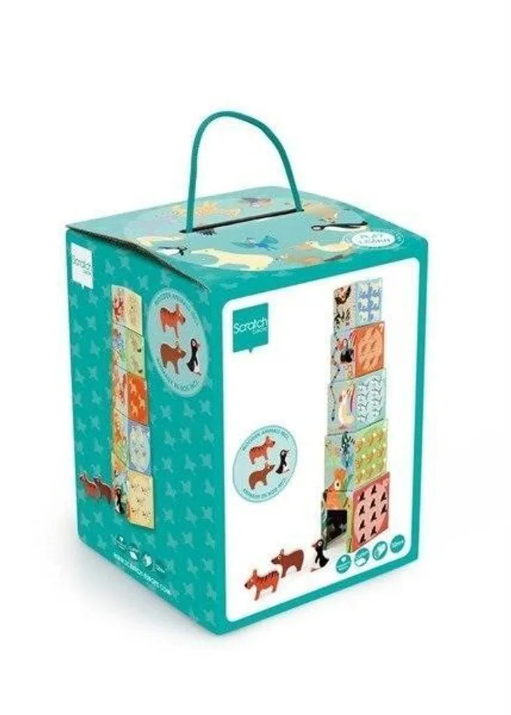 Jeu de cubes à empiler en bois avec motifs animaux rigolos Scratch