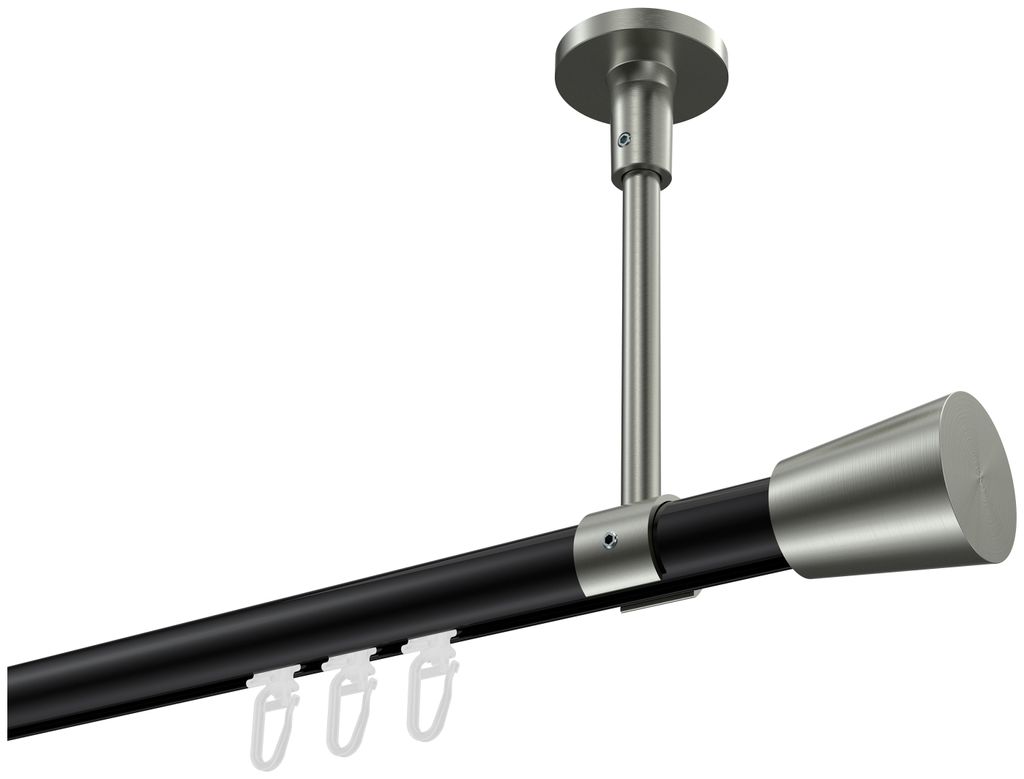 Interdeco Innenlaufstange / Gardinenstange mit Innenlauf Schwarz / Edelstahl-Optik, Typ Sonette Sitra (Konus) Deckenmontage, 20 mm Ø 1-läufig, 16...
