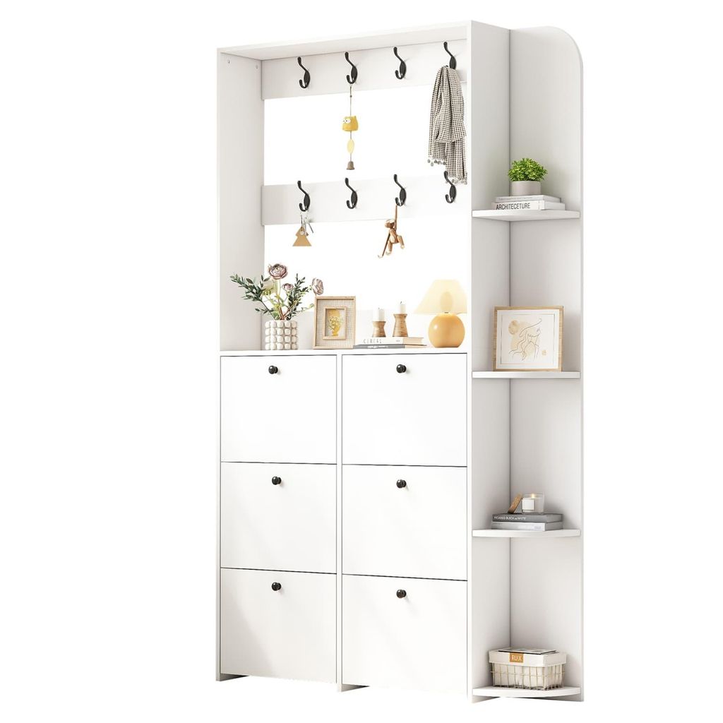 Garderobenständer für den Eingang,3-in-1 multifunktionaler Schuhschrank,Klapptür,8 Haken,Kompaktgarderobe,Wohnzimmerschrank mit 5 Ablageflächen