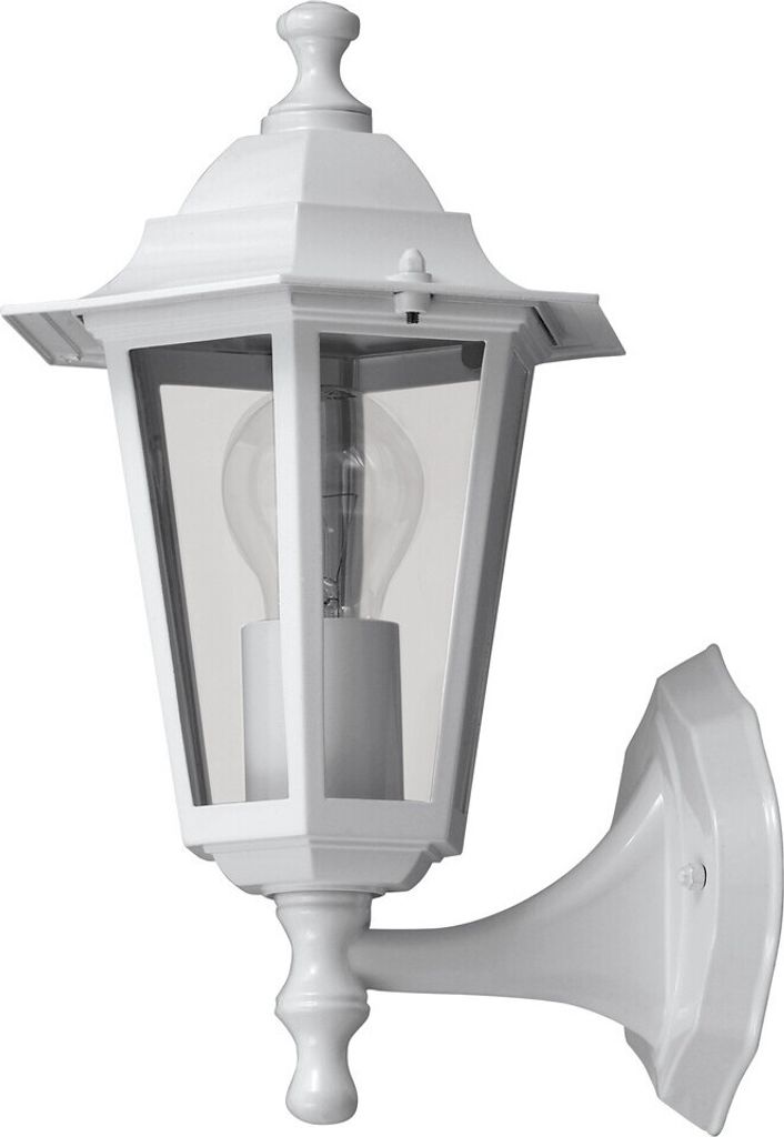 A white outdoor wall lantern with a glass enclosure and a visible light bulb, mounted on a white bracket against a white background.