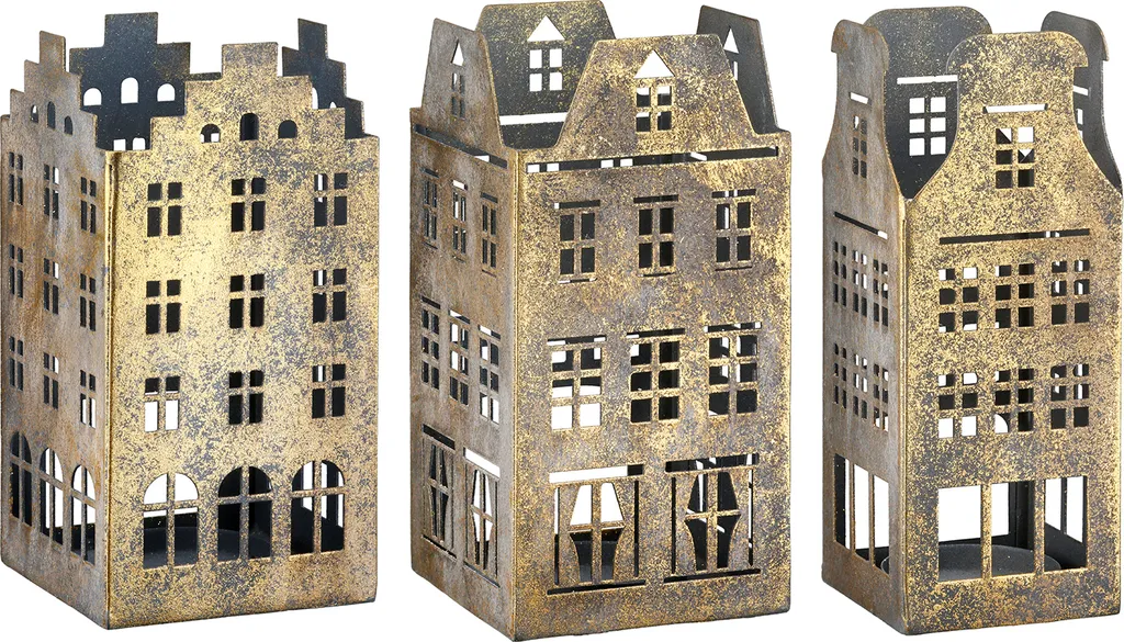 Gilde Photophore Maison Häuserreihe Métal Doré 18cm 69850 - Lot de 3 Pièces