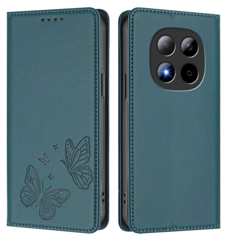 Lederhülle für Xiaomi Redmi Note 15 Pro 5G, Schmetterling Prägung Leder Brieftasche Schutzhülle mit Ständer Grün
