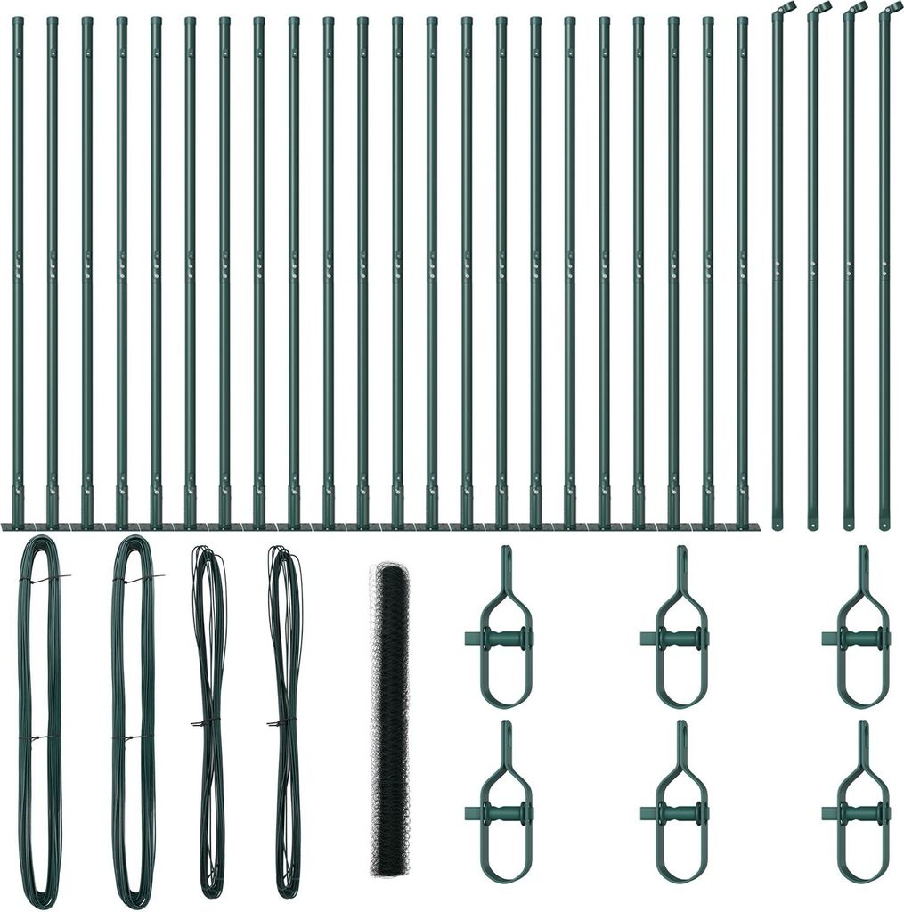 Sechseckzaun Grün 1,6x50 m Stahl, Zaunpfosten mit Fußplatten 13 Stück Ø32mm 88,5cm verzinkter Stahl, Zaunzubehör DesignMöbel Neu