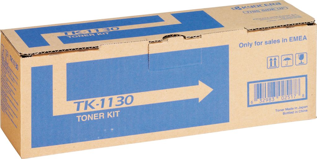 A cardboard box containing a Kyocera TK-1130 toner kit.