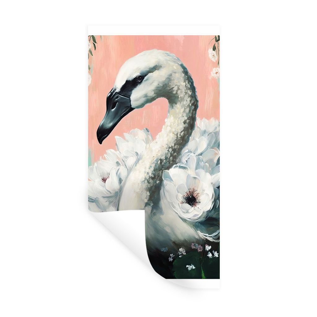 MuchoWow Wandtattoo Wandsticker Wandaufkleber Schwan - Tiere - Blumen - Pastell - Weiß 20x40 cm Selbstklebend und Repositionierbar - Selbstklebe...