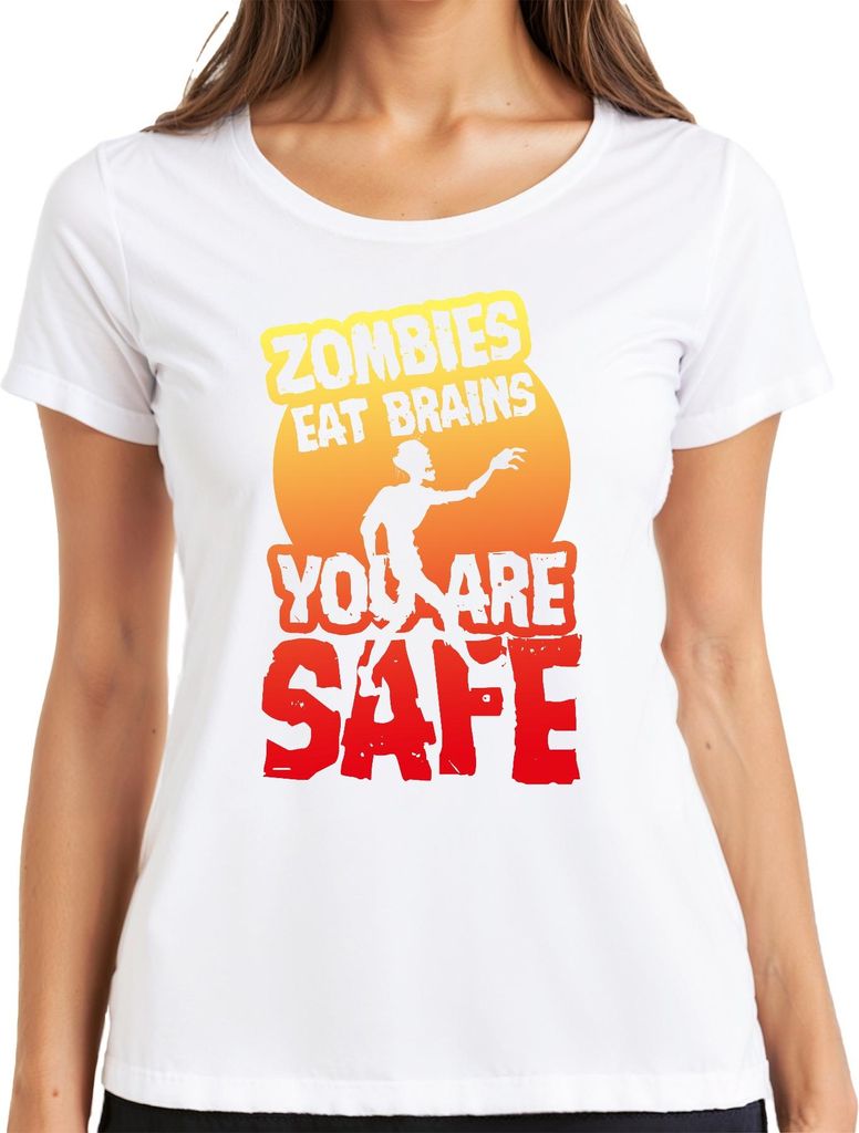 ZOMBIES EAT BRAINS YOU ARE SAFE Halloween Horror Zombie Geschenk Damen T-Shirt, Weiß, S