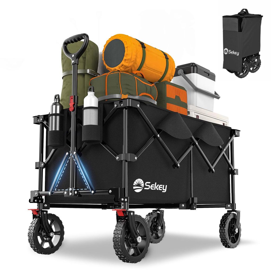 A black folding wagon loaded with camping gear, shown on a white background.