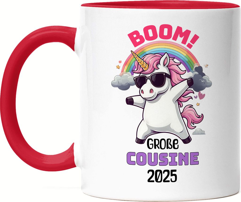 Boom Große Cousine 2025 Tasse Rot Geschenk Einhorn Familienfreude Babyparty Überraschung Cousine