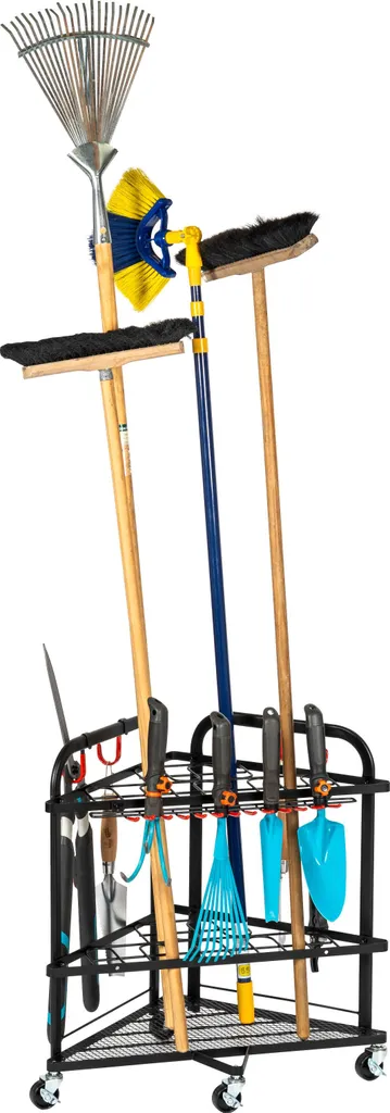 Support outils de jardin d'angle en acier avec crochets multifonctions