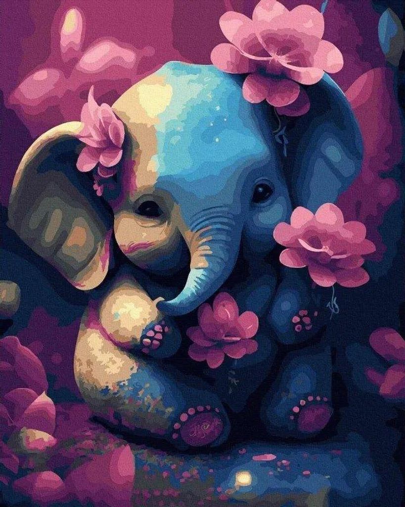 Malen nach Zahlen Set Elefant mit Blumen 40x50