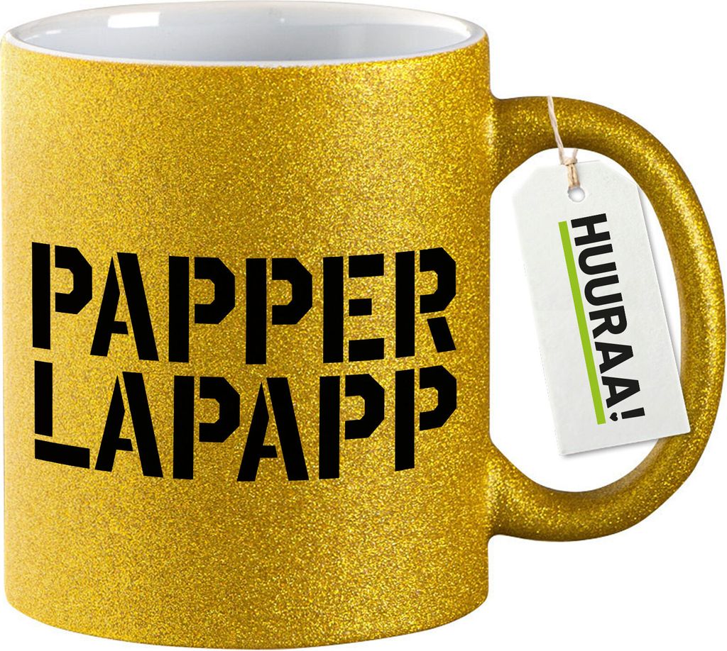 Huuraa Glitzertasse Papperlapapp Schriftzug 330ml Gold Keramik Kaffeebecher Geschenkidee