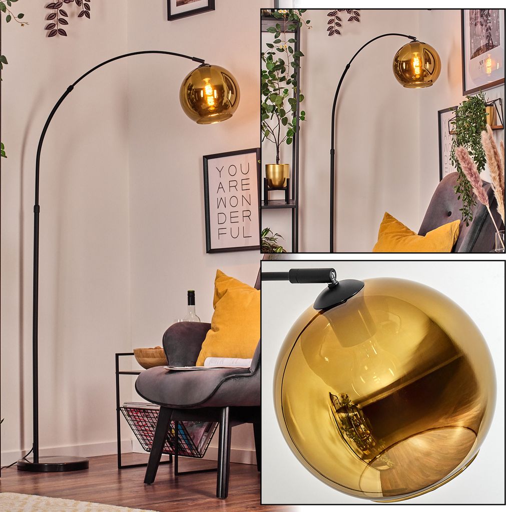 Cesaro Stehlampe aus Metall/Riffelglas in Schwarz/Goldfarben mit Marmorfuß