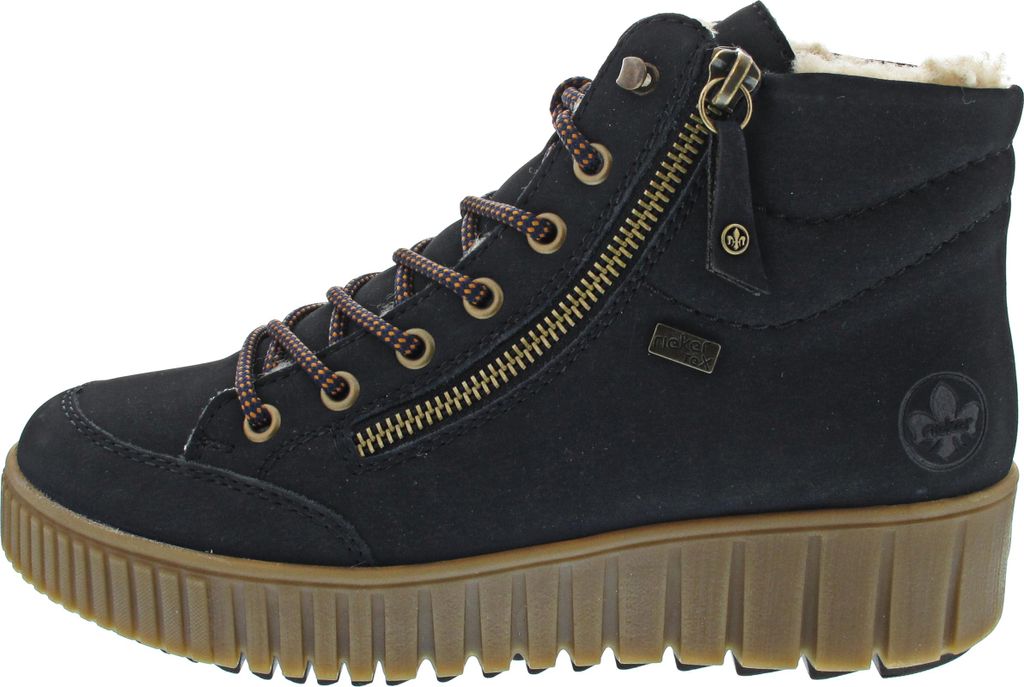 A side view of a black Rieker women's boot.