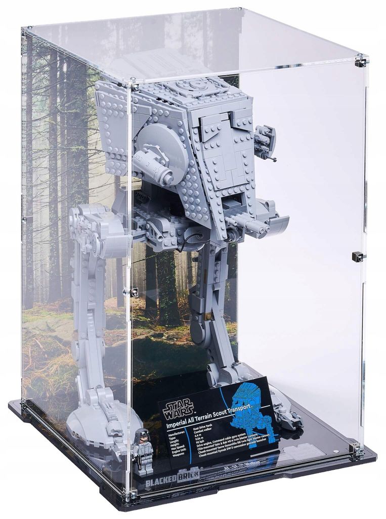 Zwarte displayvitrine met bedrukte achterwand voor LEGO® Productafbeelding 