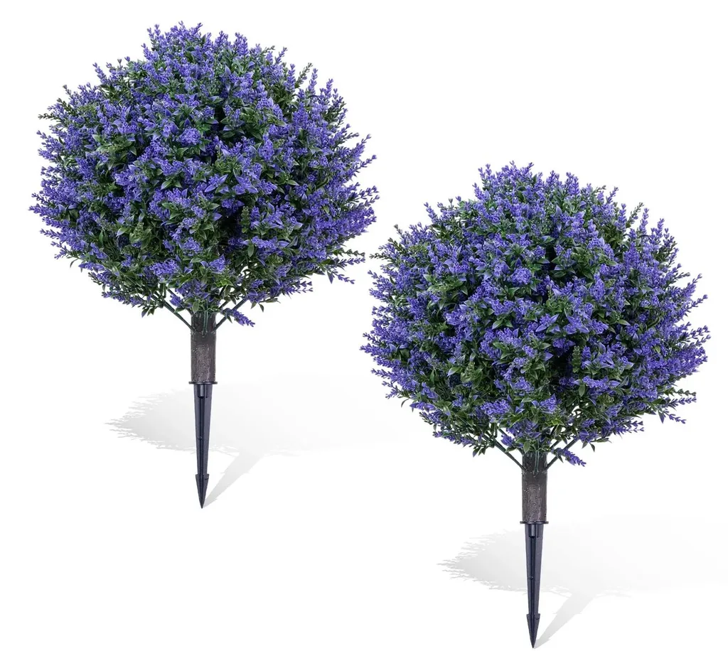 Lot de 2 Arbres à Lavande Artificiels en Boule avec Piquets Violets