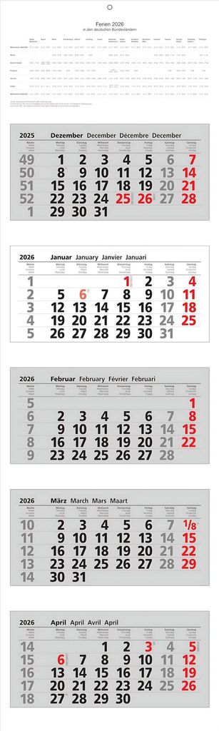2026 ADINA Fünfmonatskalender 110x33cm mit Tagesanzeiger in Blockform