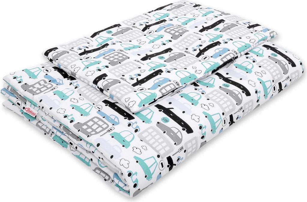 Bobono Kinderbettset 120x90 cm grau-türkis mit Füllung READY TO SLEEP BABY aus 100% Baumwolle hypoallergen maschinenwaschbar