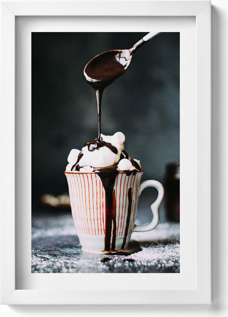 Heiße Schokolade - ein Motiv für die Küche– Wandbild mit Rahmen – Gerahmtes Bild – Wanddekoration – 20x30 cm – Weiß