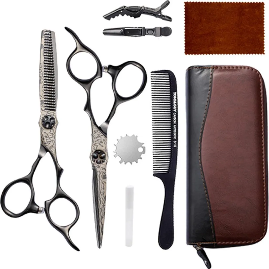 Ciseaux de coiffure professionnels 9CR13 en acier noir - Ensemble 8 pcs