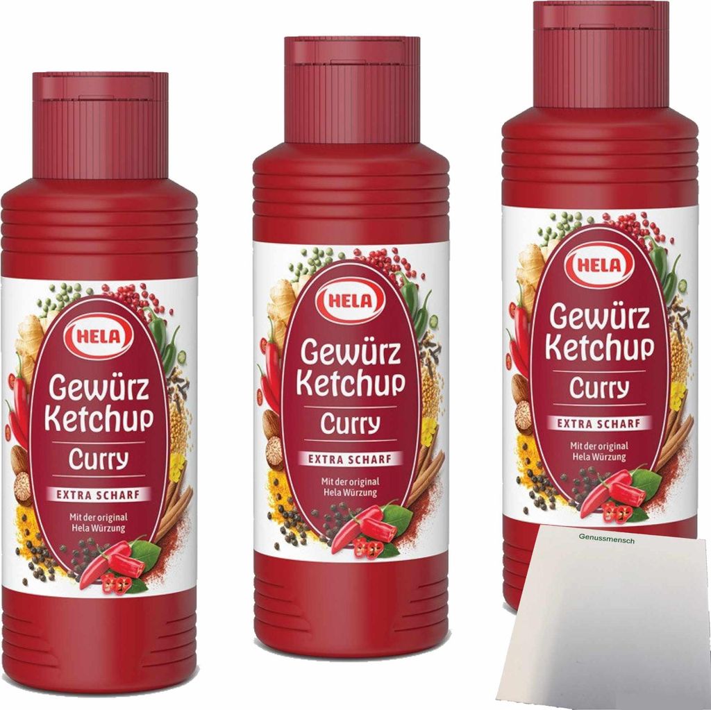 Hela Curry Gewürz Ketchup extra hot 3er Pack (3x300ml Flasche) + usy Block