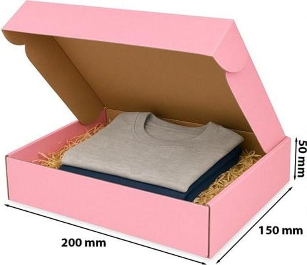 A pink cardboard box with a lid open, containing folded t-shirts and packing material. Dimensions are indicated.