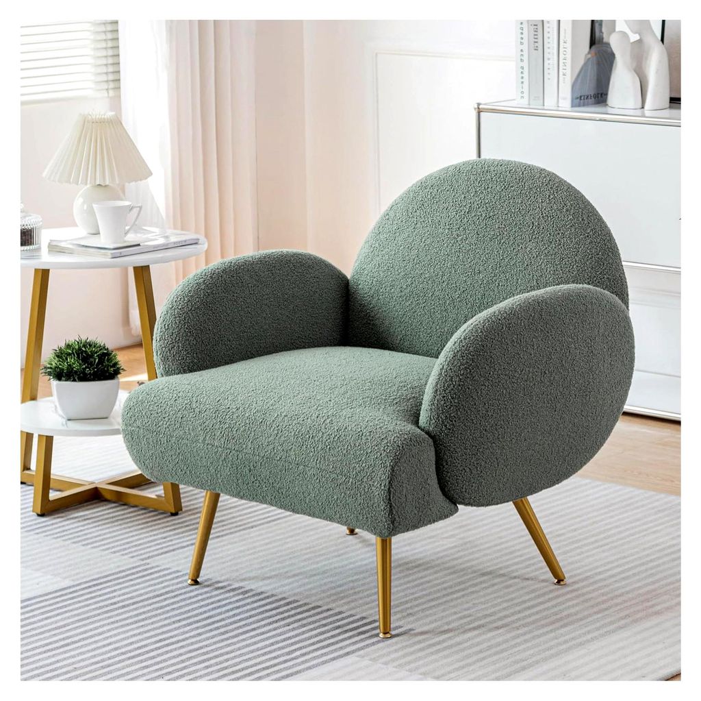 Moderner Loungesessel mit Teddystoff und schwarzen Metallbeinen, geeignet für Wohnzimmer und Schlafzimmer, Grün