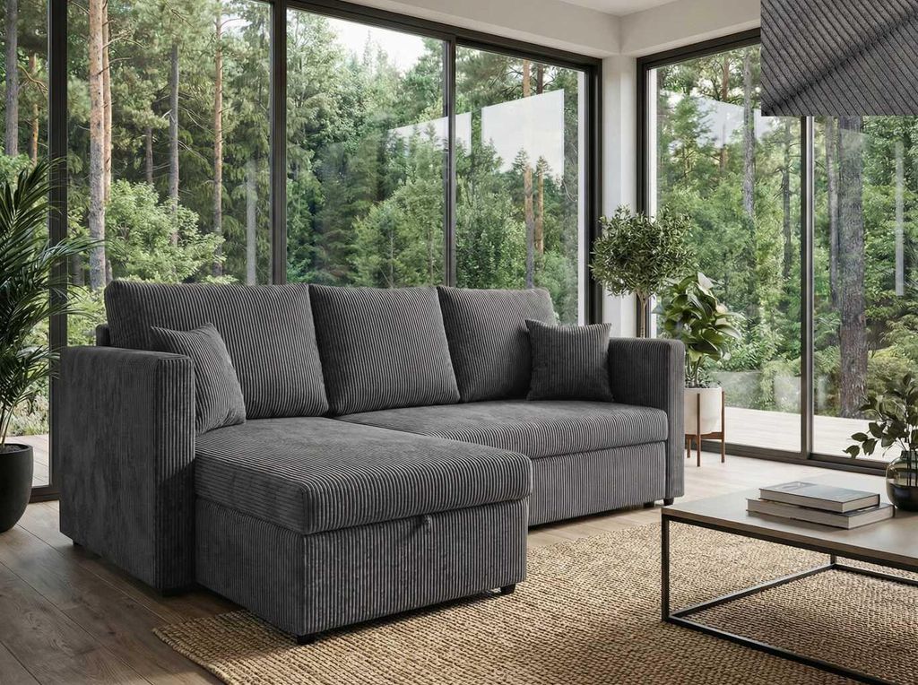 Ecksofa PISA Nordelo 146×220×90 cm universell L/R, ausziehbar, Schlaffunktion 140×200, Bettkasten, Stoff Apollo Cord 90 GRAU