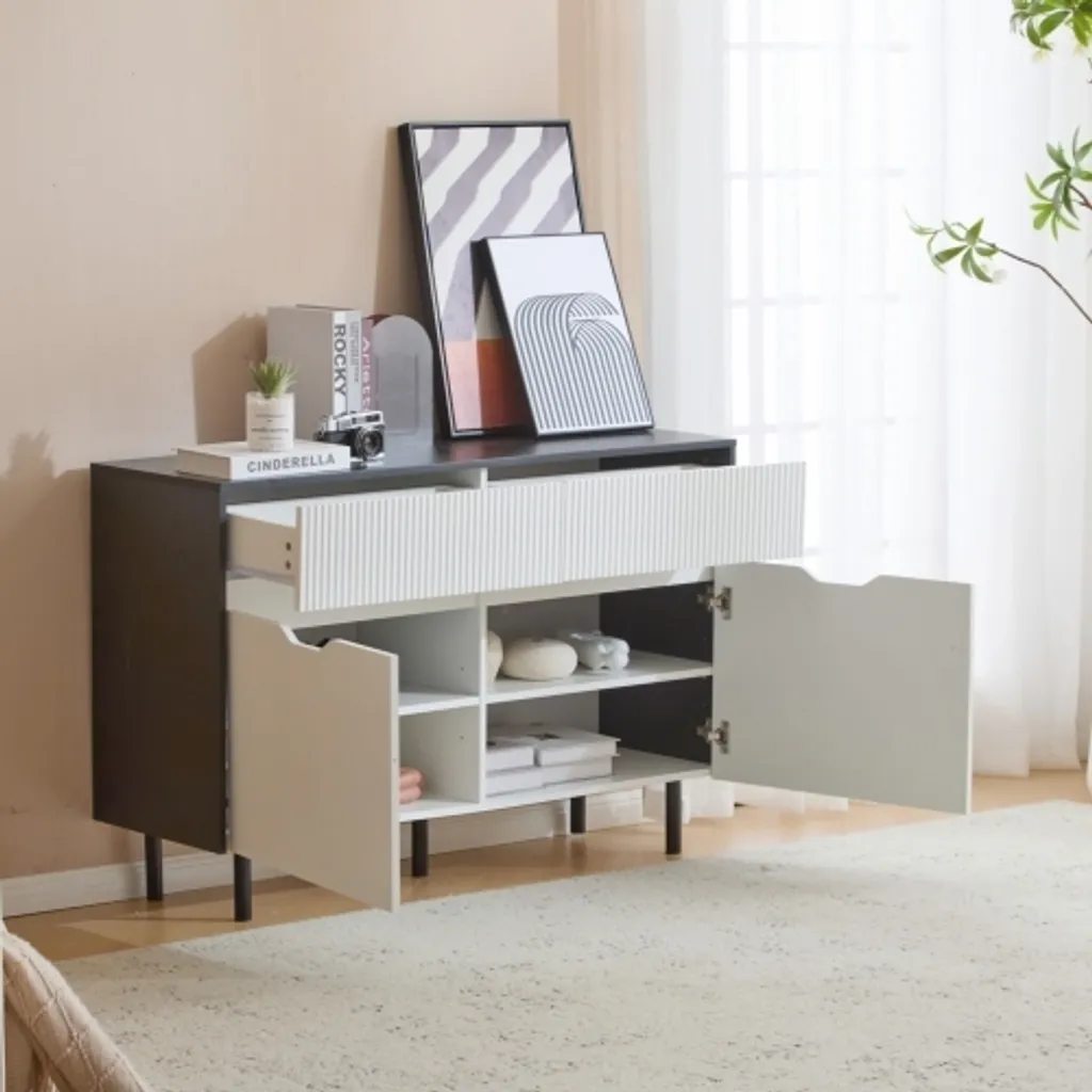 AIORBER Buffet Blanc 120x40x80cm avec 2 Tiroirs et Design Oxford Rainuré