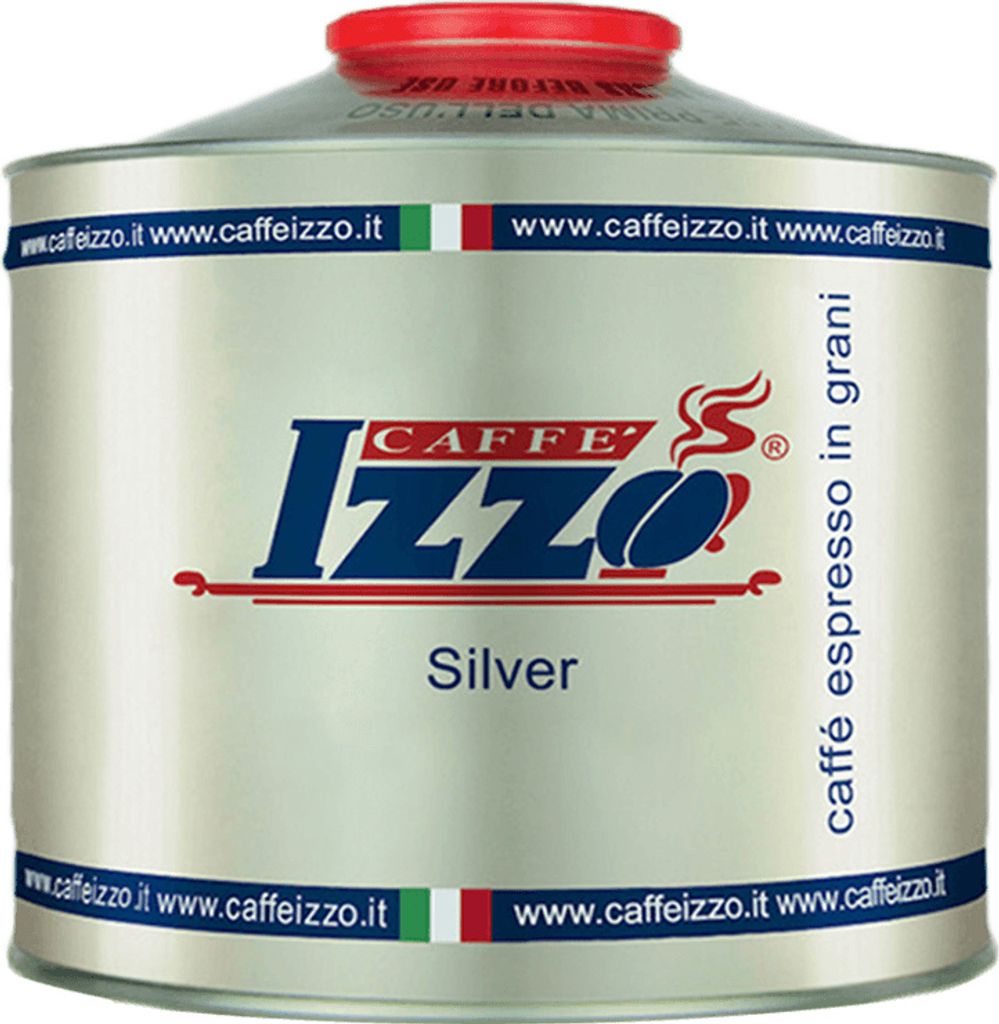 A silver tin of coffee beans with the brand name 'IZZO' prominently displayed.