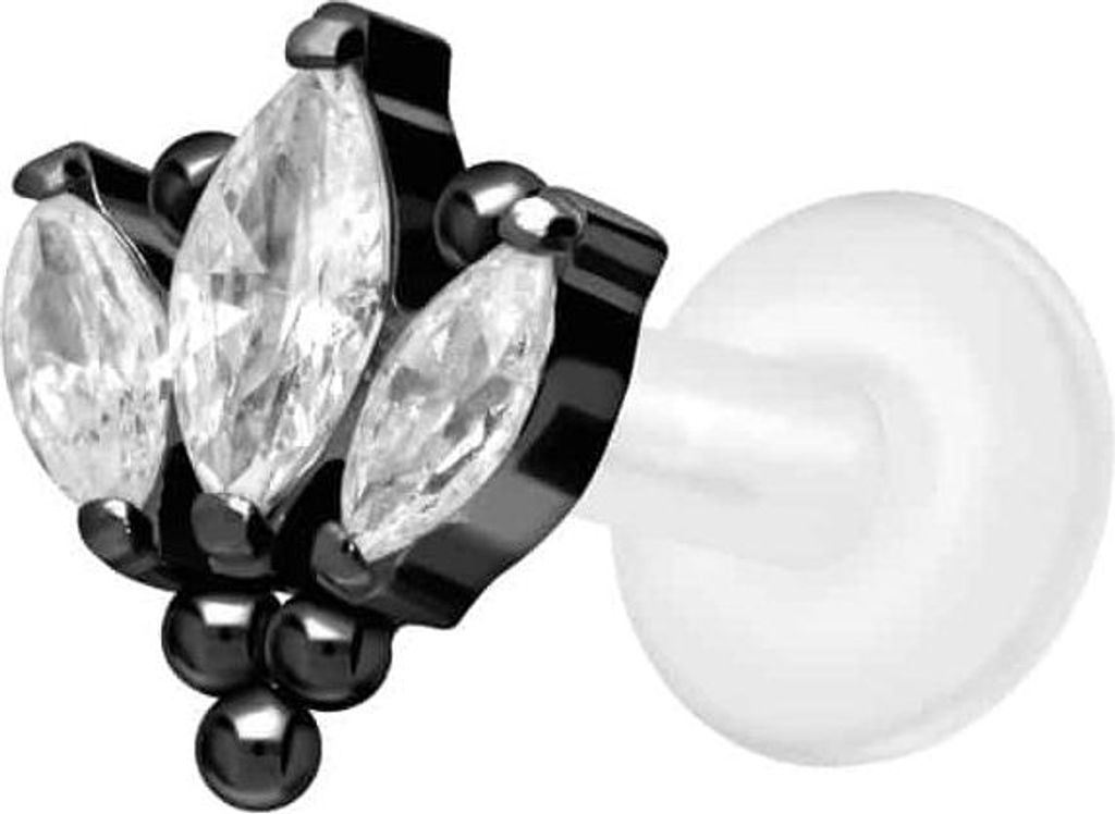 Ohrpiercing, Nasenpiercing PTFE Labret mit Innengewinde + Titan-Aufsatz LOTUSBLÜTE + KUGELN Schwarz Stablänge: 6mm | Stabstärke: 1,6mm
