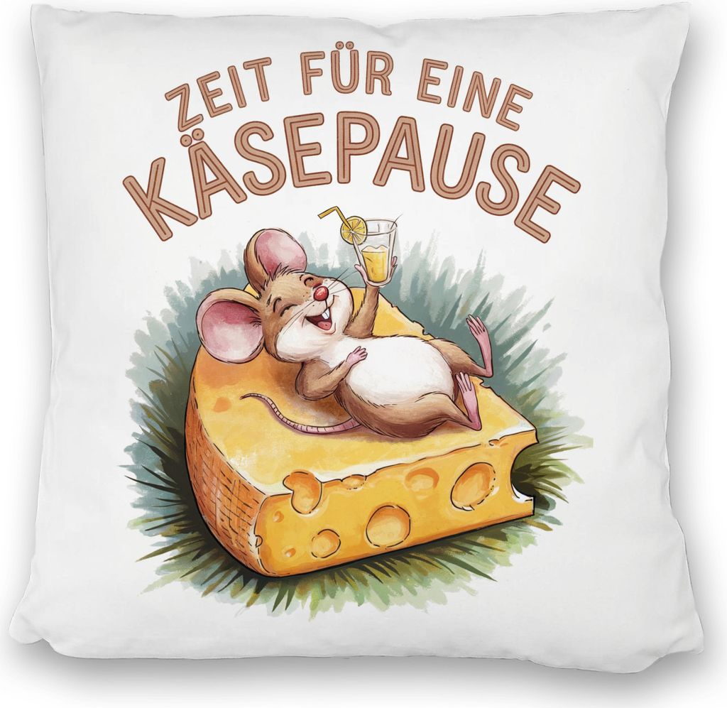 Fröhliche Maus auf Käse Kissen satiniert Käsepause