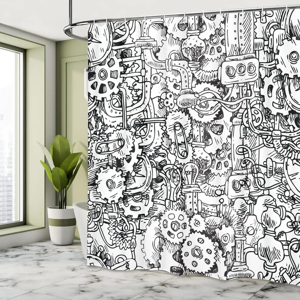 Rideau de douche textile extra long 240 cm motif mécanique industriel - 3