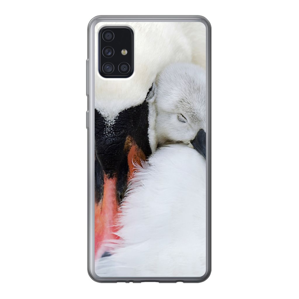 MuchoWow Handyhülle Schutzhülle Hülle für Samsung Galaxy A52 5G Nahaufnahme eines Schwans mit Jungen Silikon Softcase Handy Hülle - Umschlag