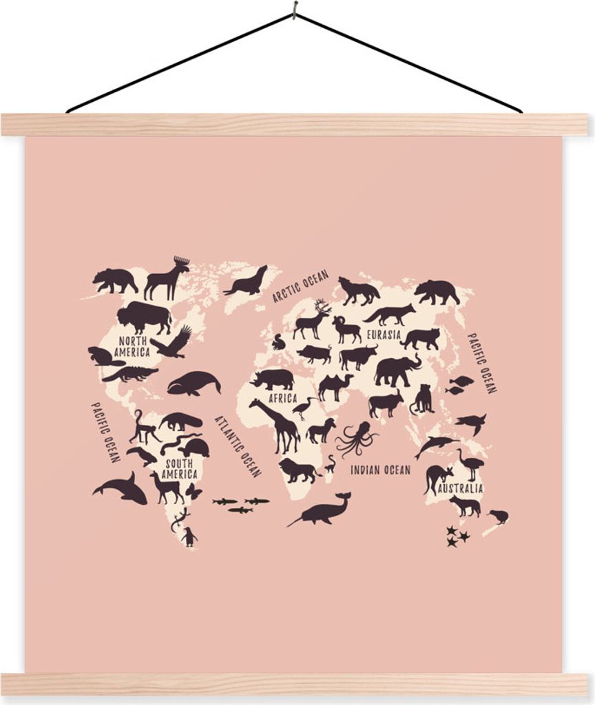 MuchoWow Textilposter Weltkarte Kinder - Rosa - Tiere 120x120 cm mit holzfarbenen Rahmen - Textil-Poster